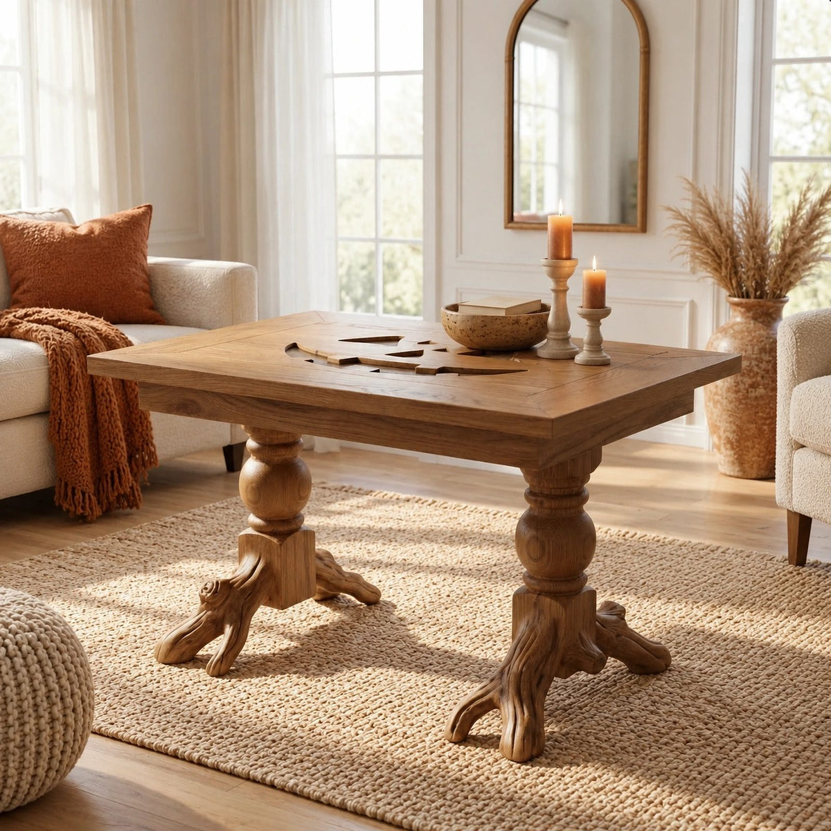 Rustic Turned Leg Wood Coffee Table With Root Base For Living Room