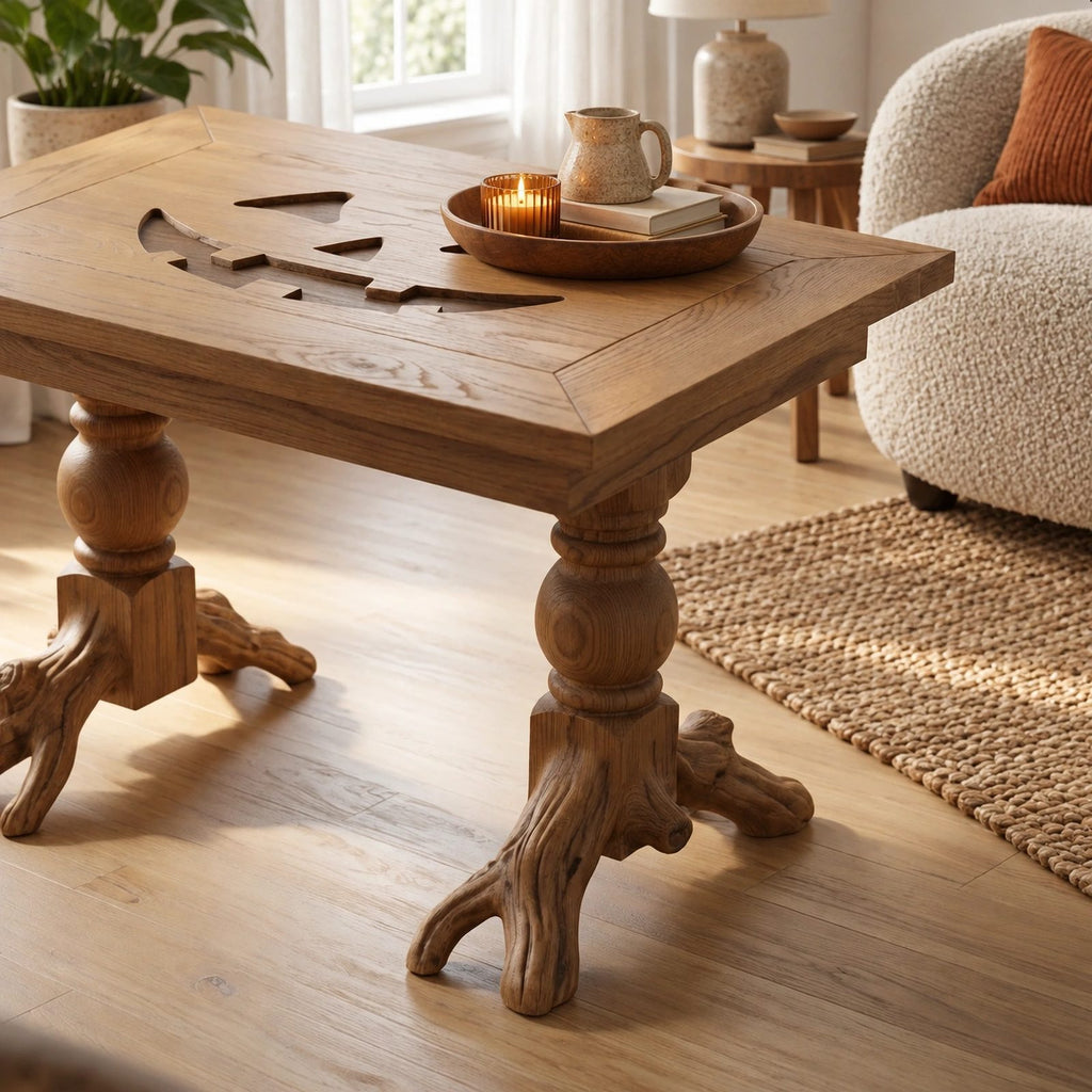 Rustic Turned Leg Wood Coffee Table With Root Base For Living Room