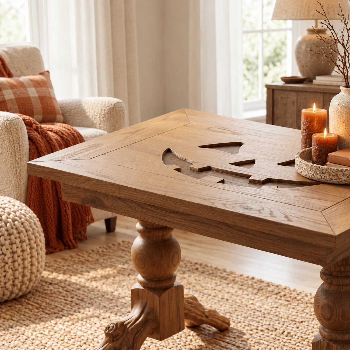 Rustic Turned Leg Wood Coffee Table With Root Base For Living Room