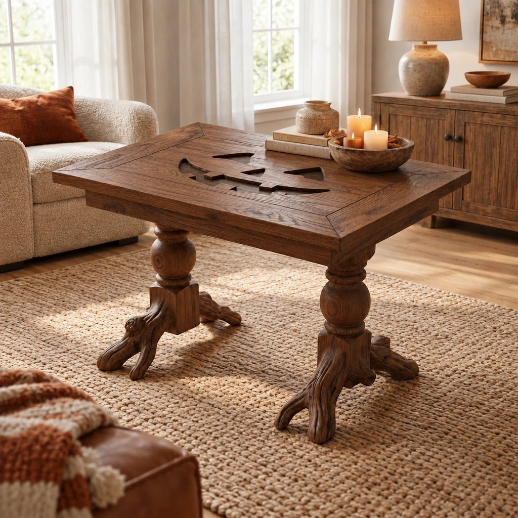 Rustic Turned Leg Wood Coffee Table With Root Base For Living Room