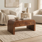 Waterfall Wood Coffee Table With Dual Storage Drawers For Living Room