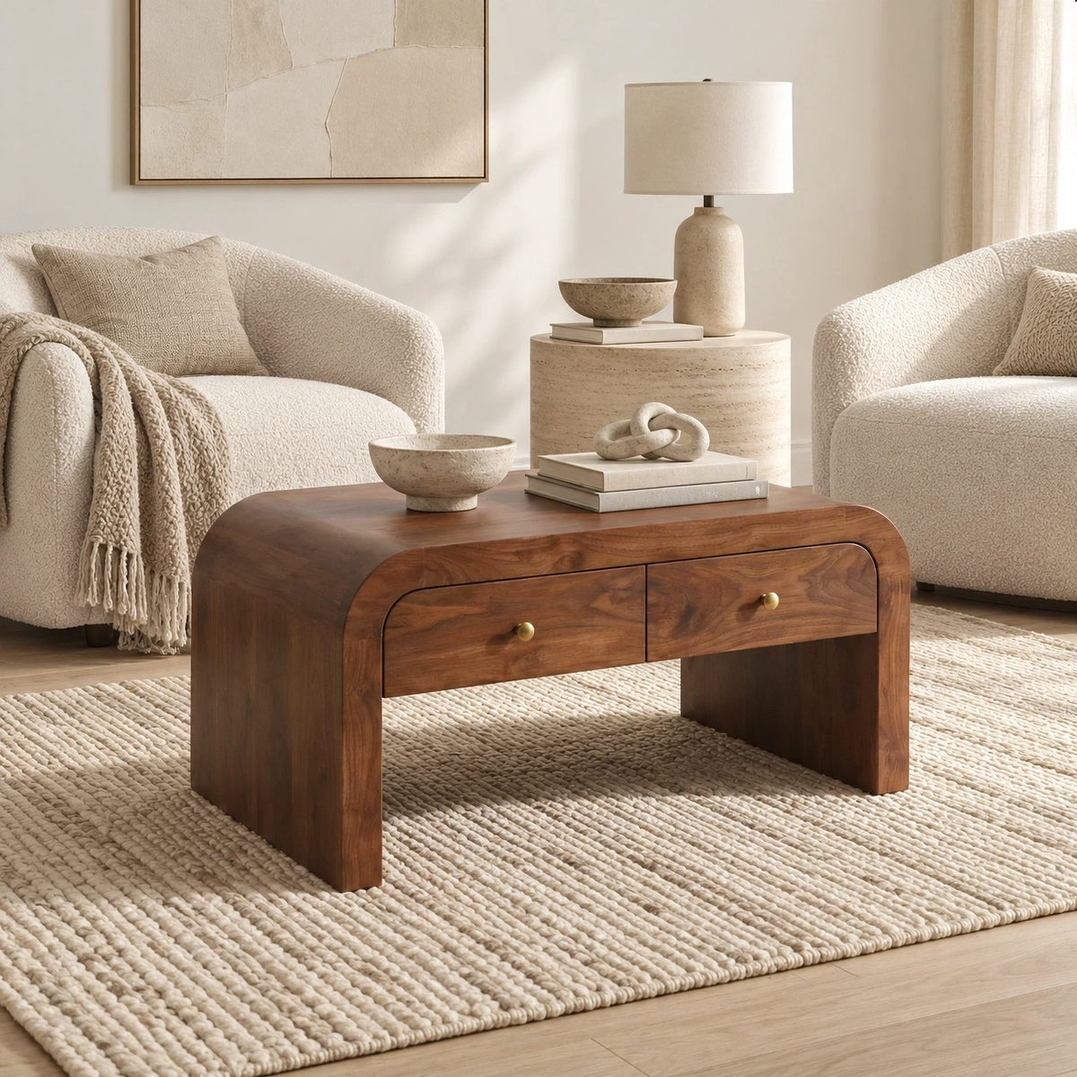 Waterfall Wood Coffee Table With Dual Storage Drawers For Living Room