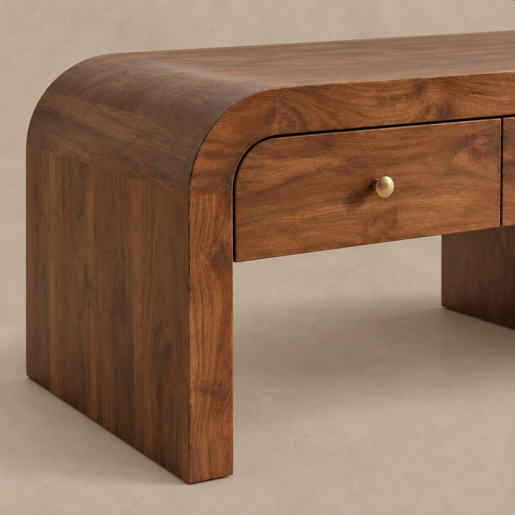 Waterfall Wood Coffee Table With Dual Storage Drawers For Living Room