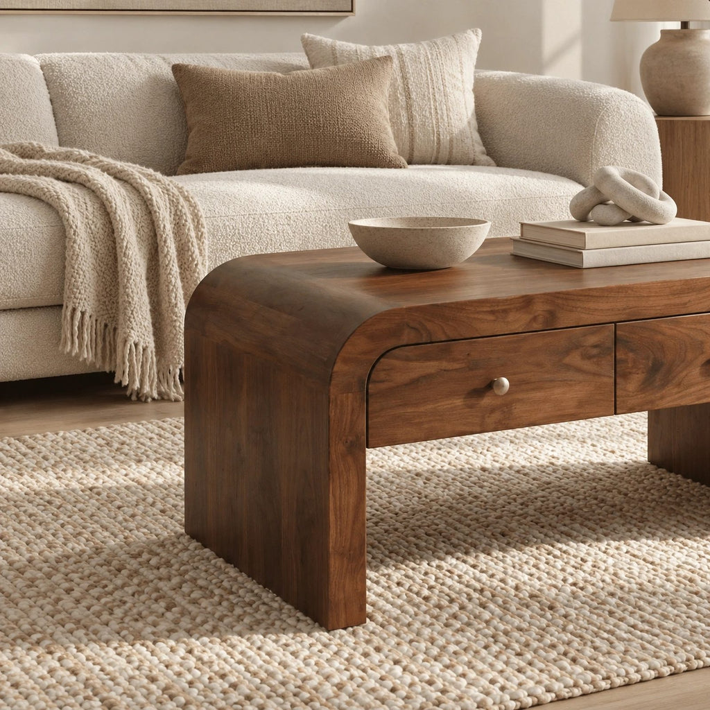 Waterfall Wood Coffee Table With Dual Storage Drawers For Living Room