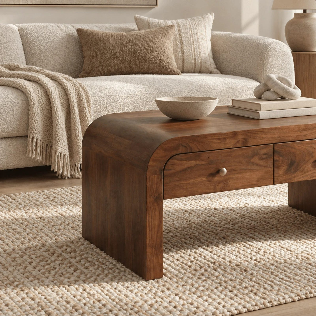 Waterfall Wood Coffee Table With Dual Storage Drawers For Living Room