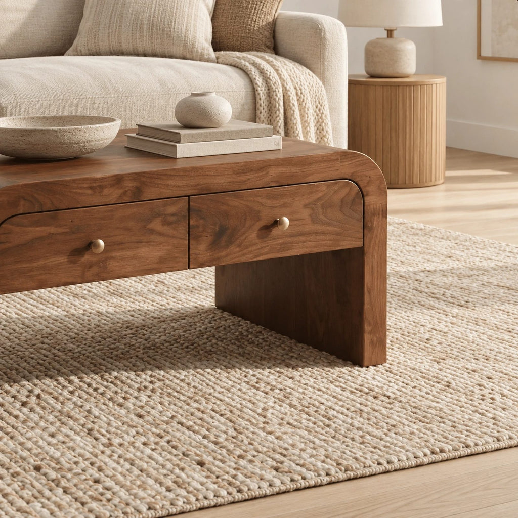 Waterfall Wood Coffee Table With Dual Storage Drawers For Living Room