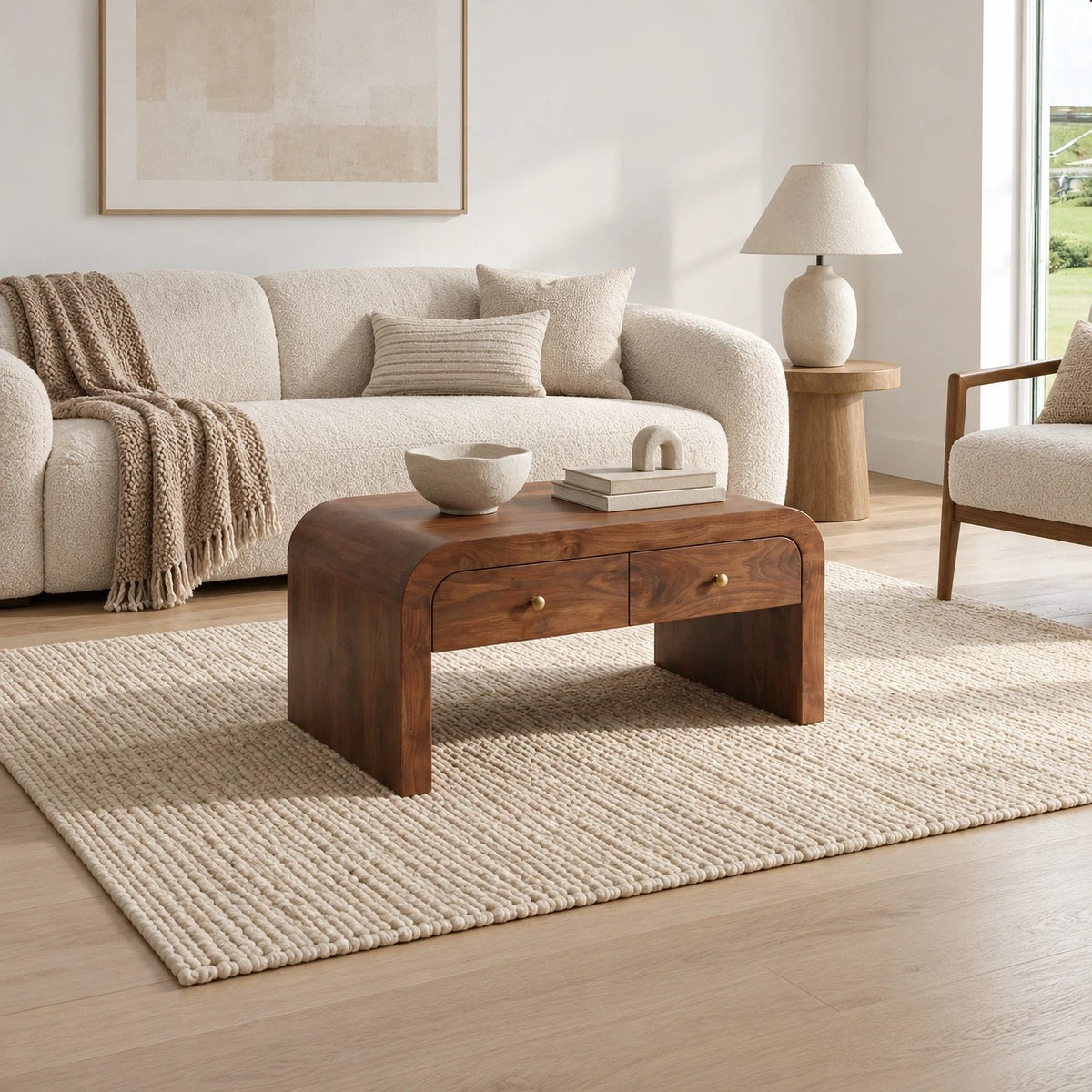 Waterfall Wood Coffee Table With Dual Storage Drawers For Living Room