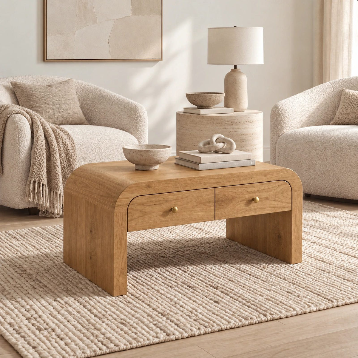 Waterfall Wood Coffee Table With Dual Storage Drawers For Living Room