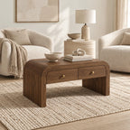 Waterfall Wood Coffee Table With Dual Storage Drawers For Living Room