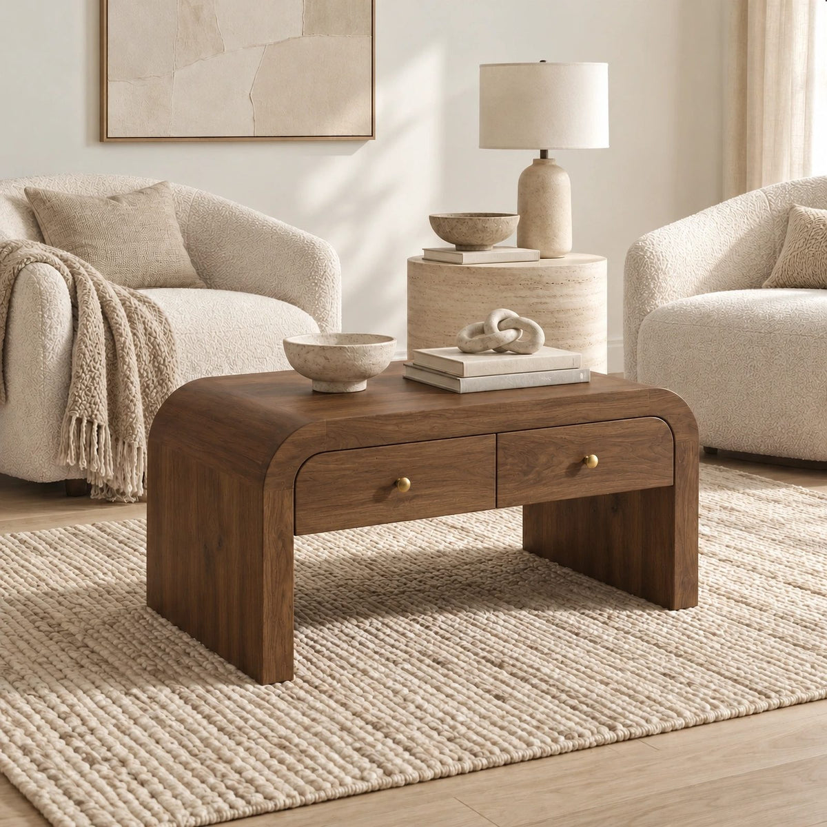 Waterfall Wood Coffee Table With Dual Storage Drawers For Living Room