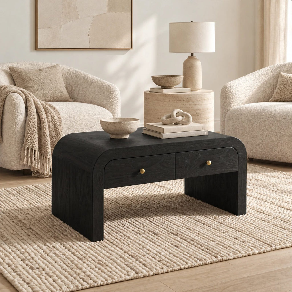 Waterfall Wood Coffee Table With Dual Storage Drawers For Living Room