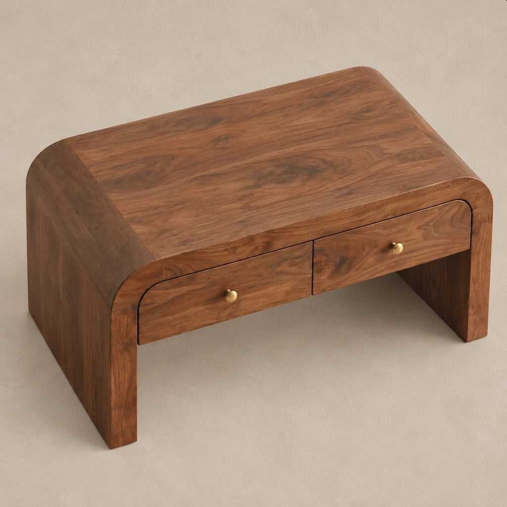 Waterfall Wood Coffee Table With Dual Storage Drawers For Living Room