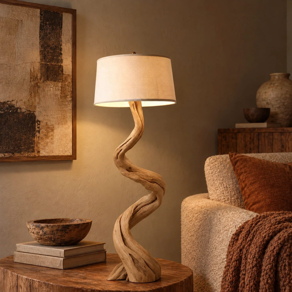 Twisted Driftwood Floor Lamp With Linen Drum Shade For Bedroom