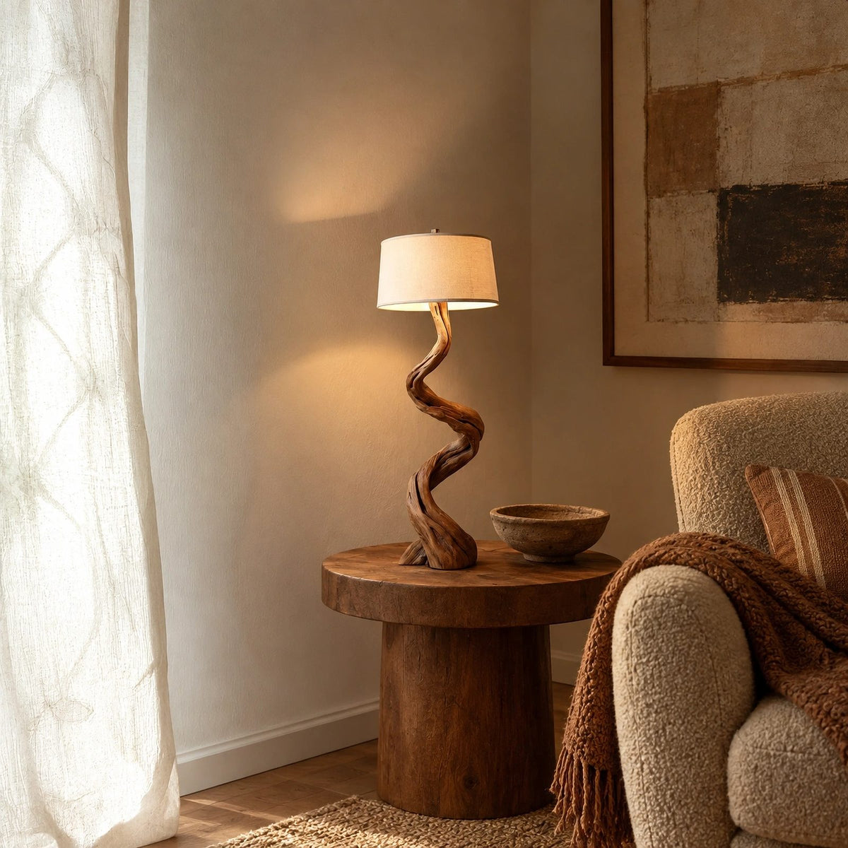 Twisted Driftwood Floor Lamp With Linen Drum Shade For Bedroom