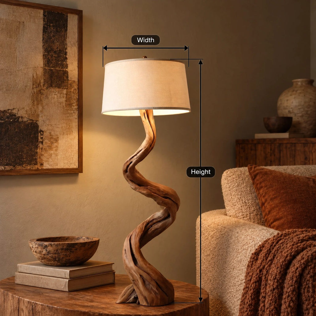 Twisted Driftwood Floor Lamp With Linen Drum Shade For Bedroom