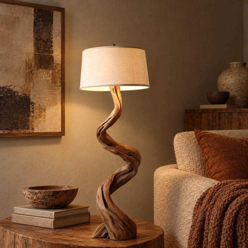 Twisted Driftwood Floor Lamp With Linen Drum Shade For Bedroom