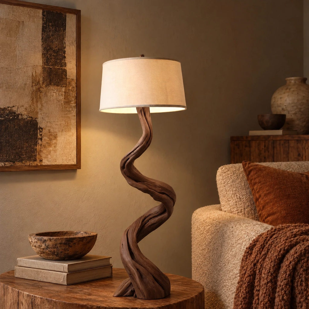 Twisted Driftwood Floor Lamp With Linen Drum Shade For Bedroom