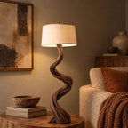 Twisted Driftwood Floor Lamp With Linen Drum Shade For Bedroom