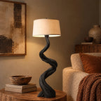 Twisted Driftwood Floor Lamp With Linen Drum Shade For Bedroom