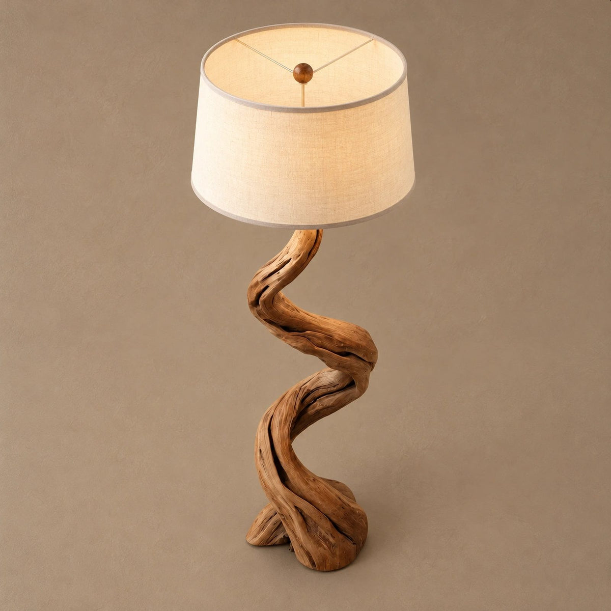 Twisted Driftwood Floor Lamp With Linen Drum Shade For Bedroom