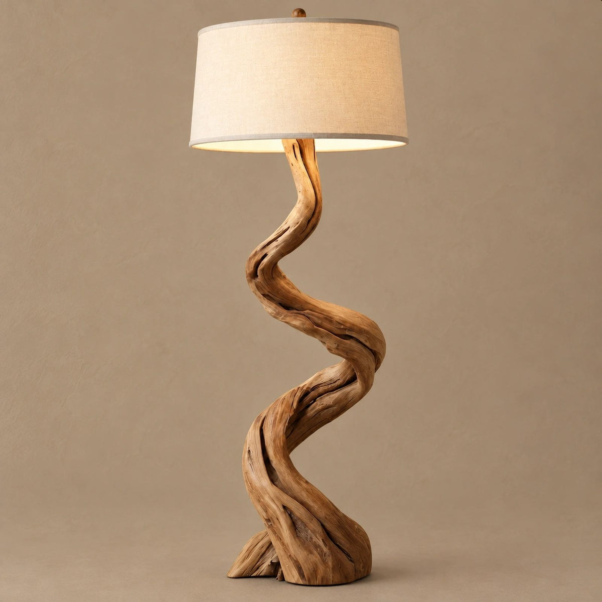 Twisted Driftwood Floor Lamp With Linen Drum Shade For Bedroom