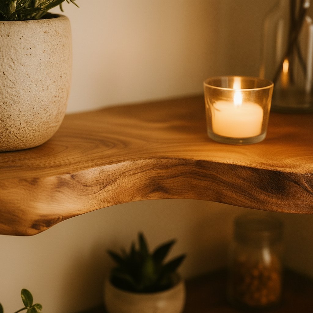 Solid Wood Live-Edge Floating Corner Shelf with Flowing Grain for Cozy Display