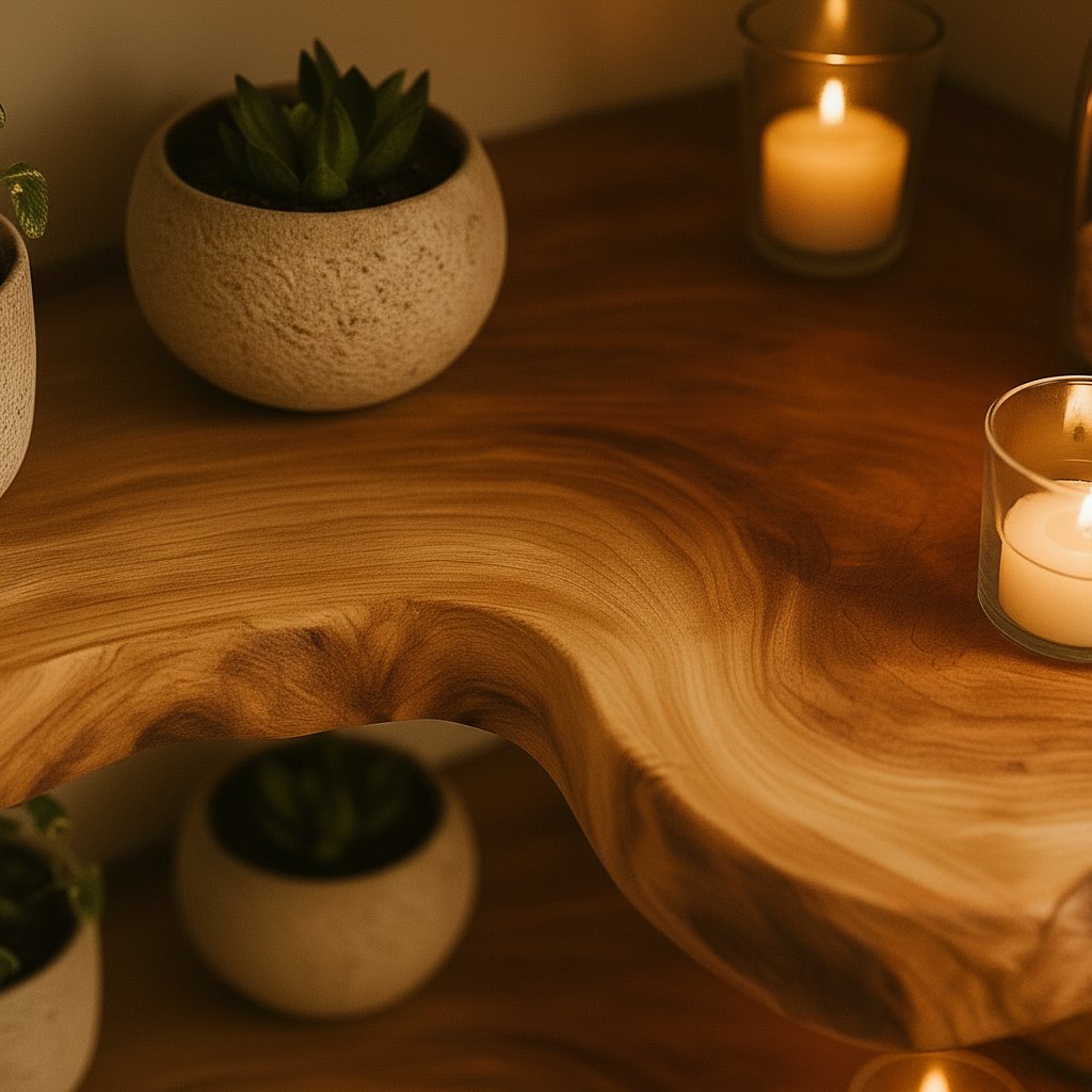 Solid Wood Live-Edge Floating Corner Shelf with Flowing Grain for Cozy Display
