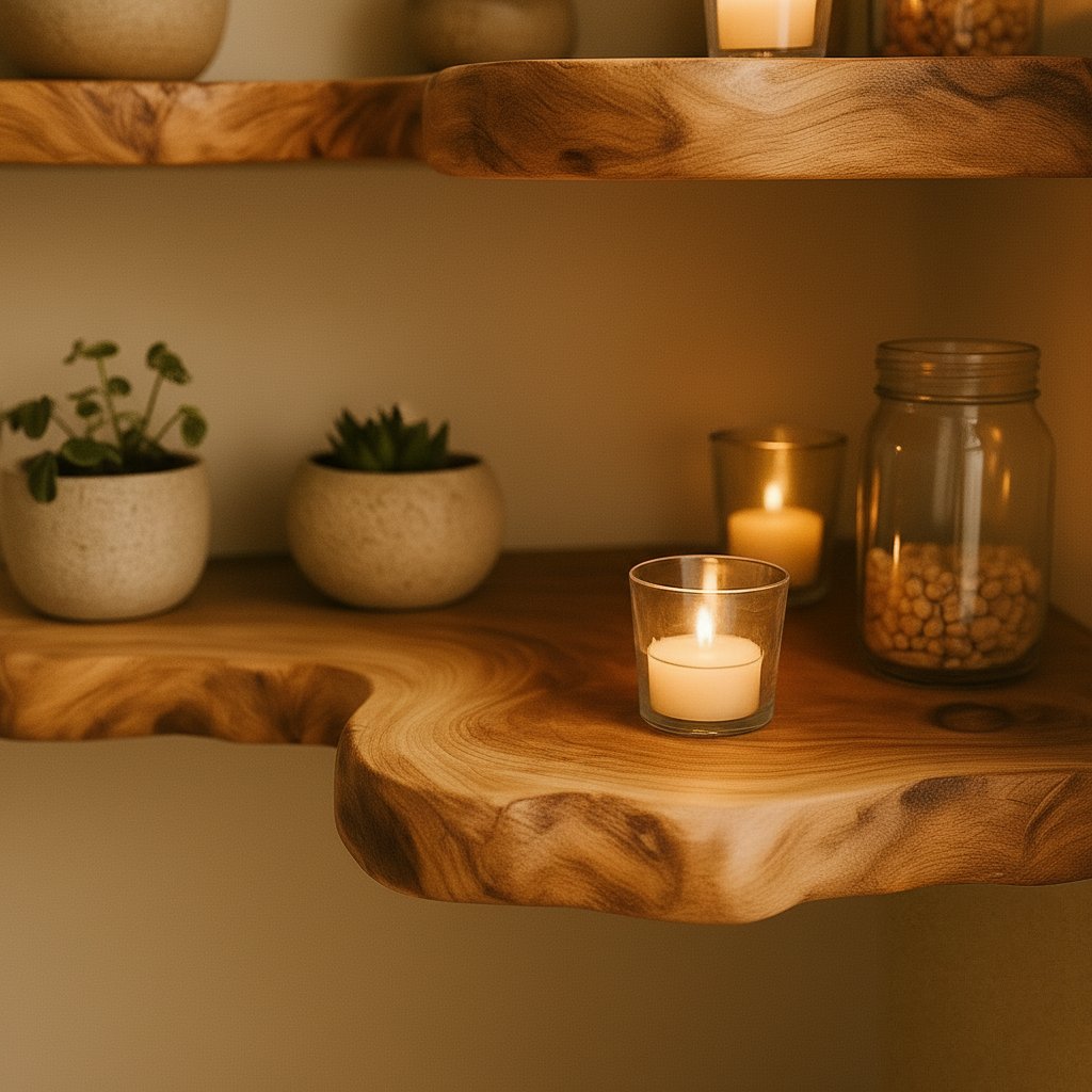 Solid Wood Live-Edge Floating Corner Shelf with Flowing Grain for Cozy Display