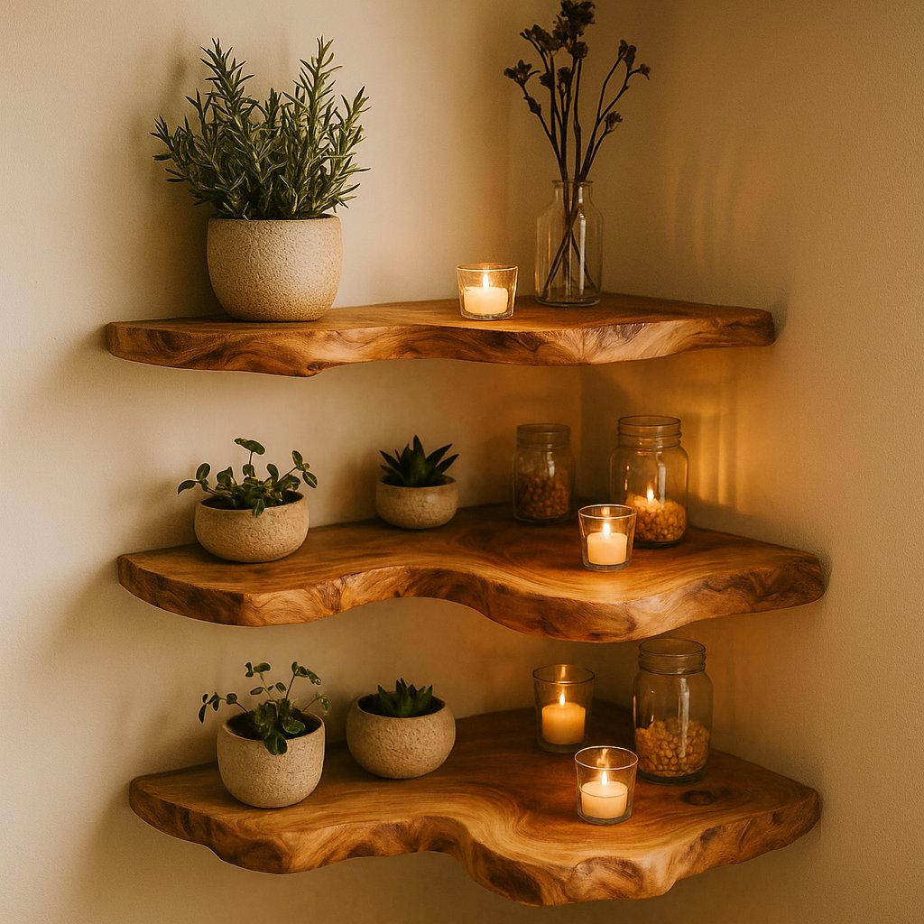 Solid Wood Live-Edge Floating Corner Shelf with Flowing Grain for Cozy Display