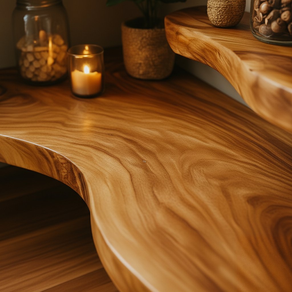 Solid Wood Live-Edge Floating Corner Shelf with Smooth Natural Edge for Living Room