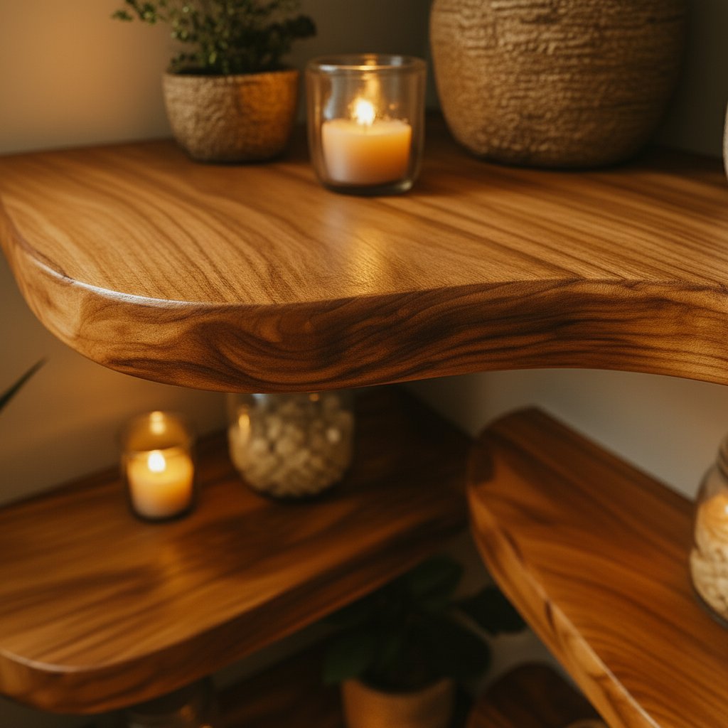 Solid Wood Live-Edge Floating Corner Shelf with Smooth Natural Edge for Living Room