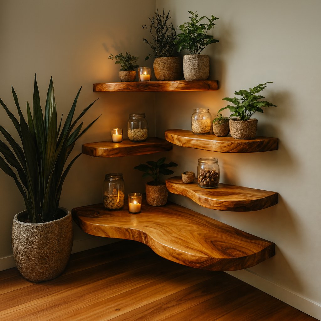 Solid Wood Live-Edge Floating Corner Shelf with Smooth Natural Edge for Living Room