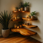 Solid Wood Live-Edge Floating Corner Shelf with Smooth Natural Edge for Living Room