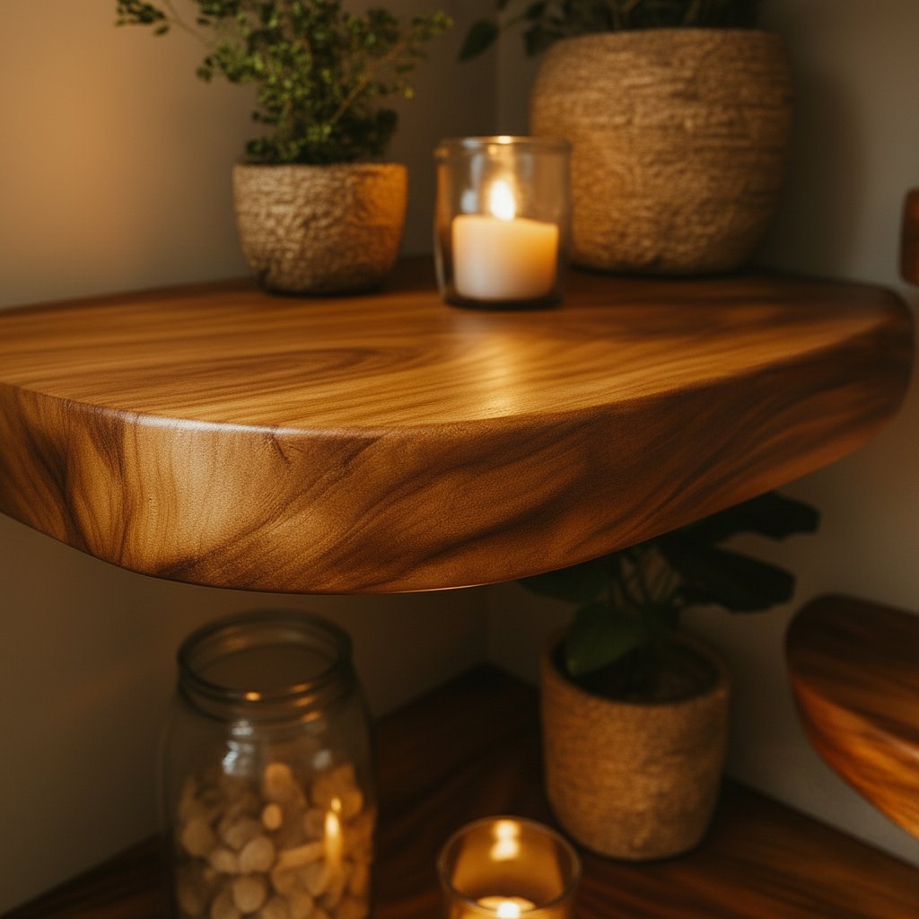 Solid Wood Live-Edge Floating Corner Shelf with Smooth Natural Edge for Living Room