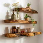 Solid Wood Live-Edge Tiered Floating Wall Shelf with Natural Edge for Bathroom Storage