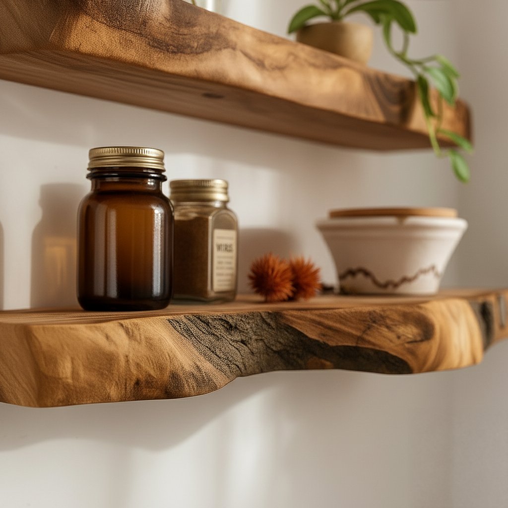 Solid Wood Live-Edge Tiered Floating Wall Shelf with Natural Edge for Bathroom Storage