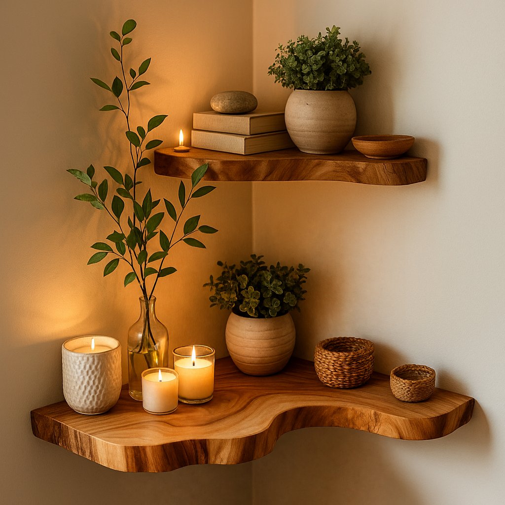 Solid Wood Live-Edge Corner Shelf Floating Organic Curve for Living Room Nook