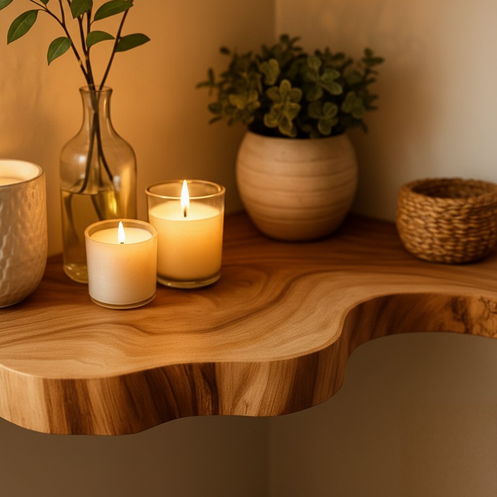 Solid Wood Live-Edge Corner Shelf Floating Organic Curve for Living Room Nook