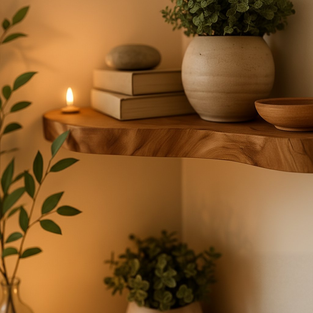 Solid Wood Live-Edge Corner Shelf Floating Organic Curve for Living Room Nook