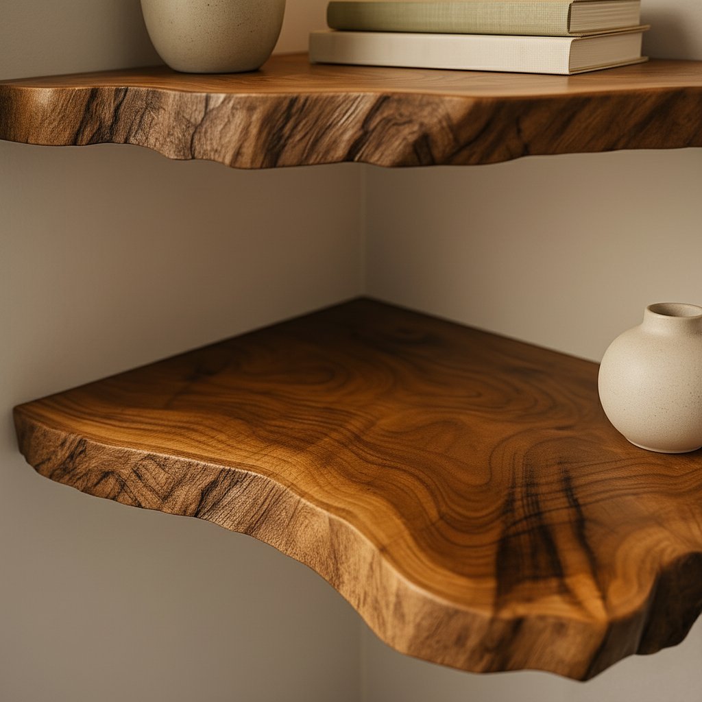 Solid Wood Live-Edge Floating Wall Shelf Organic Slab for Living Room Display