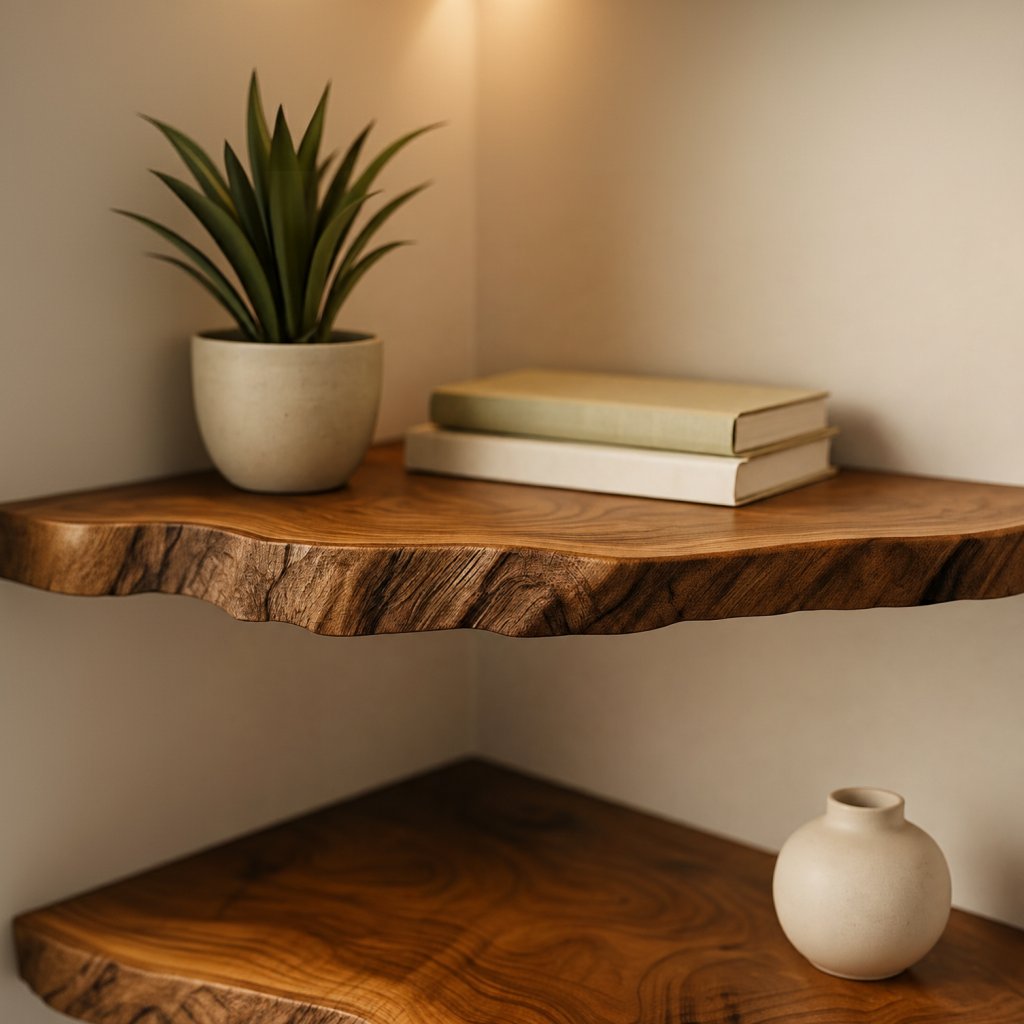Solid Wood Live-Edge Floating Wall Shelf Organic Slab for Living Room Display