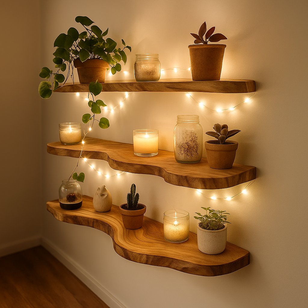 Solid Wood Live-Edge Floating Wall Shelf Natural Slab for Cozy Living Room
