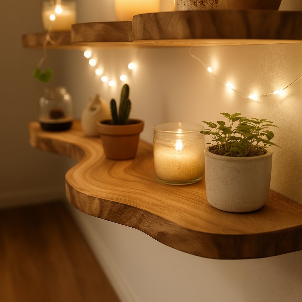 Solid Wood Live-Edge Floating Wall Shelf Natural Slab for Cozy Living Room