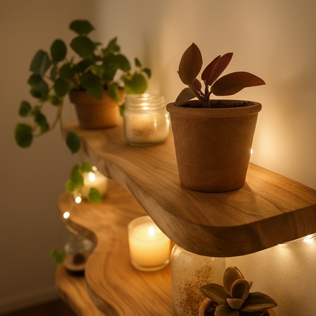 Solid Wood Live-Edge Floating Wall Shelf Natural Slab for Cozy Living Room