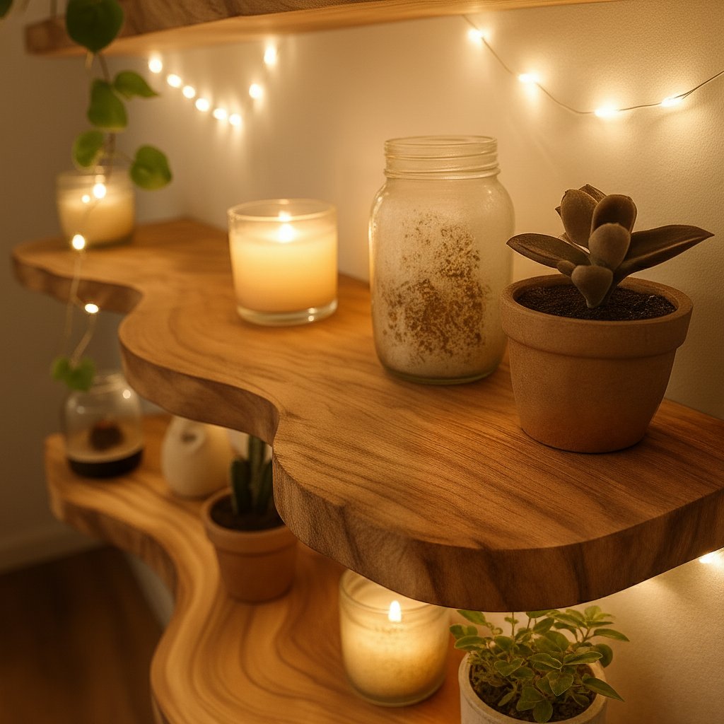 Solid Wood Live-Edge Floating Wall Shelf Natural Slab for Cozy Living Room