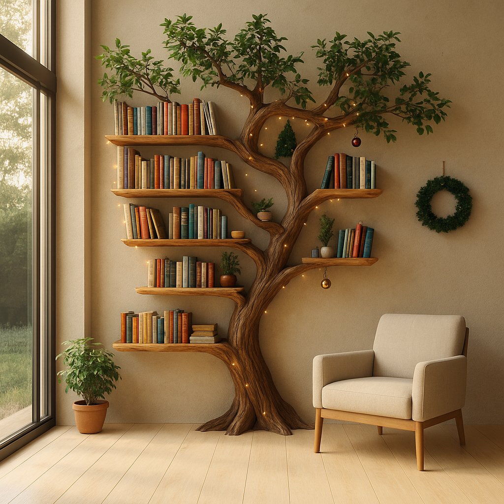 Solid Wood Tree-Branch Bookshelf Sculptural Live-Edge Wall Storage for Reading Room