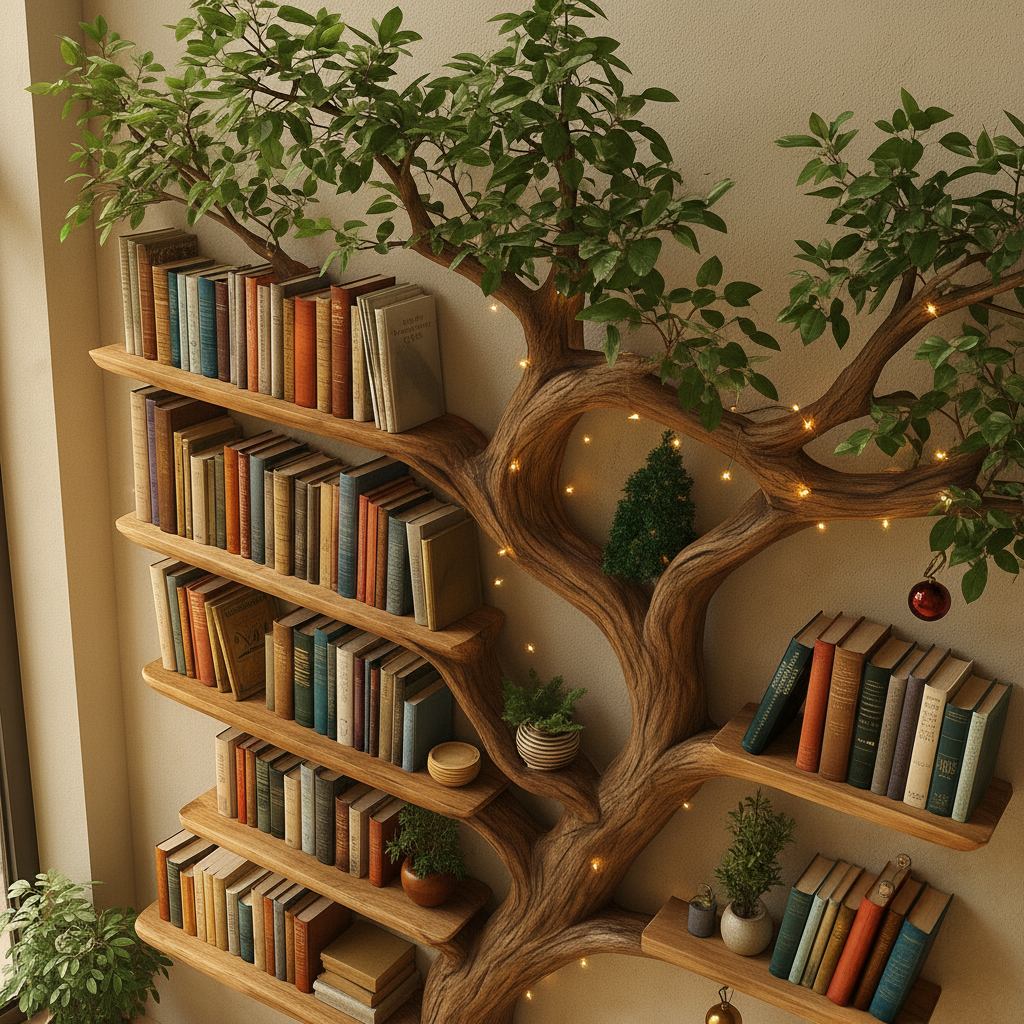 Solid Wood Tree-Branch Bookshelf Sculptural Live-Edge Wall Storage for Reading Room