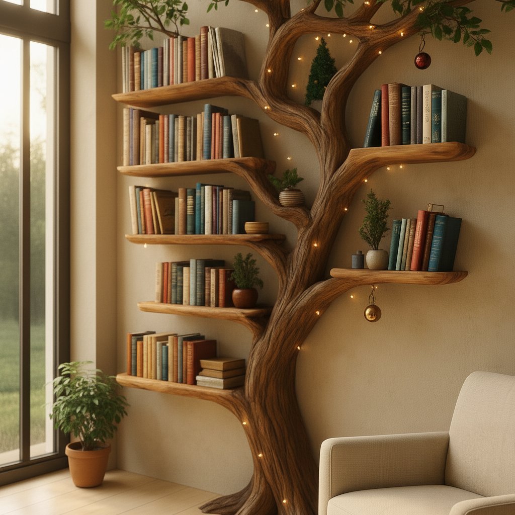 Solid Wood Tree-Branch Bookshelf Sculptural Live-Edge Wall Storage for Reading Room