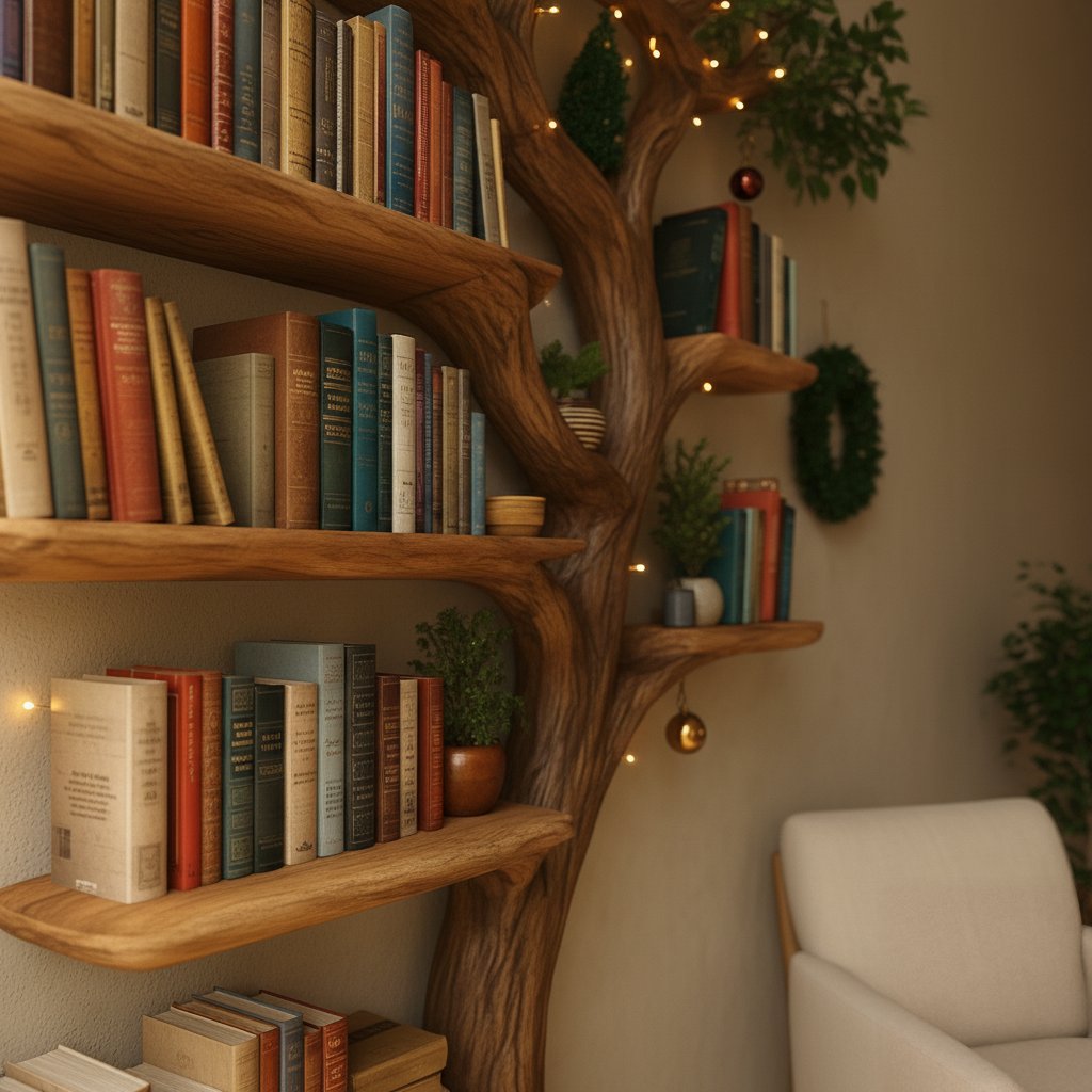Solid Wood Tree-Branch Bookshelf Sculptural Live-Edge Wall Storage for Reading Room