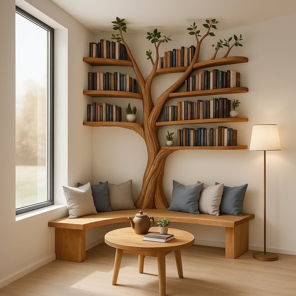Solid Wood Tree-Branch Bookshelf Organic Live-Edge Wall Display for Home Library